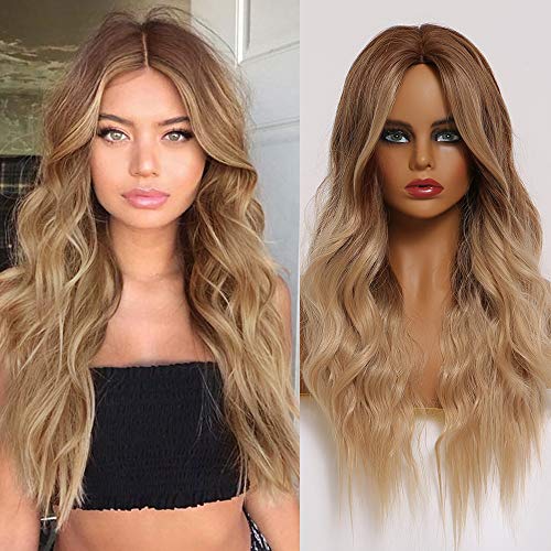 Esmee 26 Inches Long Ombre Brown Golden Blonde Hair Wig Middle Part Body Wave Cosplay Synthetic Wigs for Black Women Heat Resistant