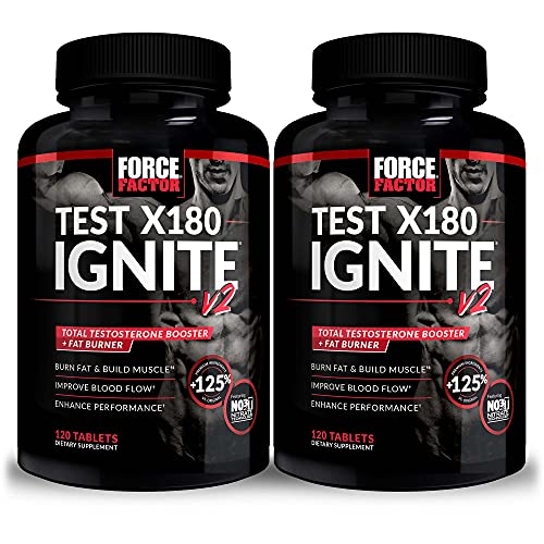 Test X180 Ignite V2 Testosterone Booster and Fat Burner for Men, Testosterone Supplement with Nitrates to Burn Fat, Build Muscle, Boost Energy and Performance, Force Factor, 240 Tablets (2-Pack)