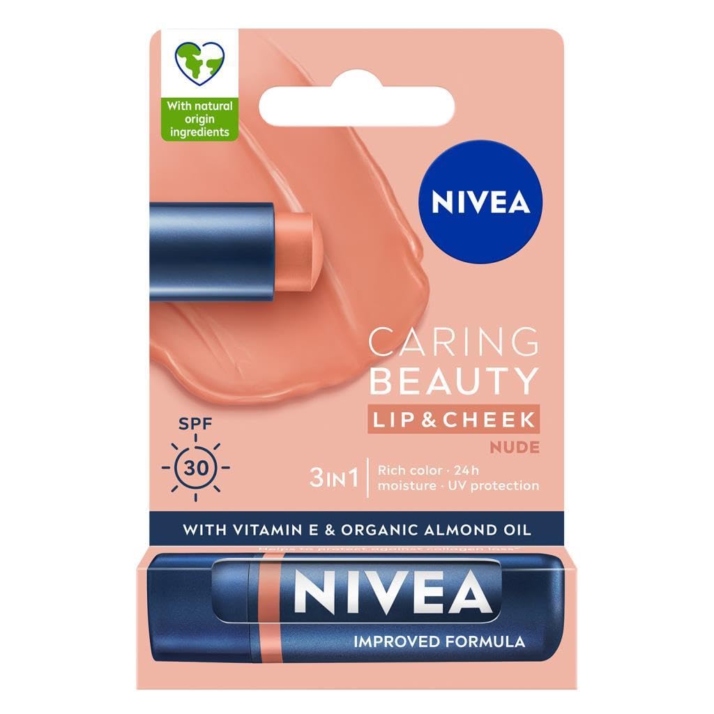 NIVEA Caring Beauty Nude Lip Balm SPF30 (4.8g), 3-in-1 Buttery Lip and Cheek Tint, Rich Colour and 24H Moisturisation with SPF 30 Protection