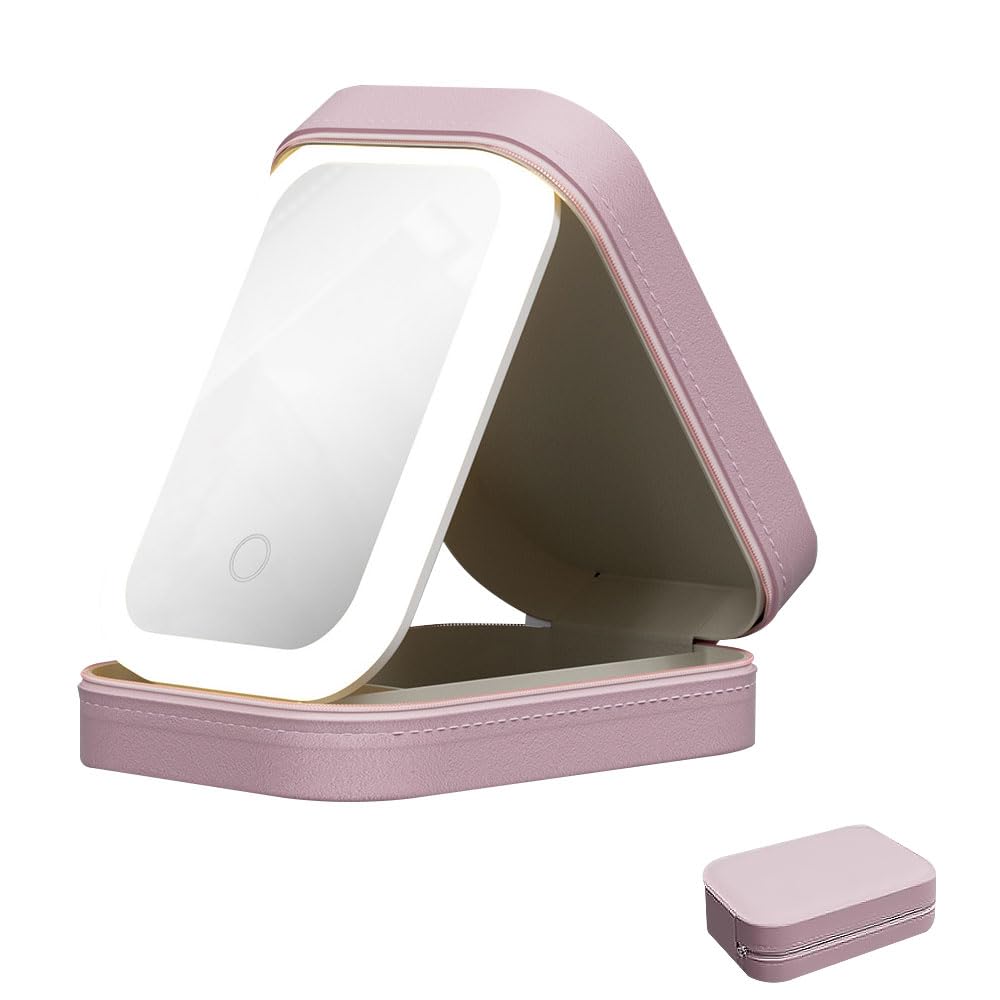 ZOYDP ZOYDP Neceser con Espejo y Luz, Caja de Maquillaje con Espejo 3 Colores, Maletin Maquillaje con Espejo y Luz, Bolsa de Maquillaje Portátil con Espejo de Viaje, Bolsa de Maquillaje con Luz LED (Rosa)