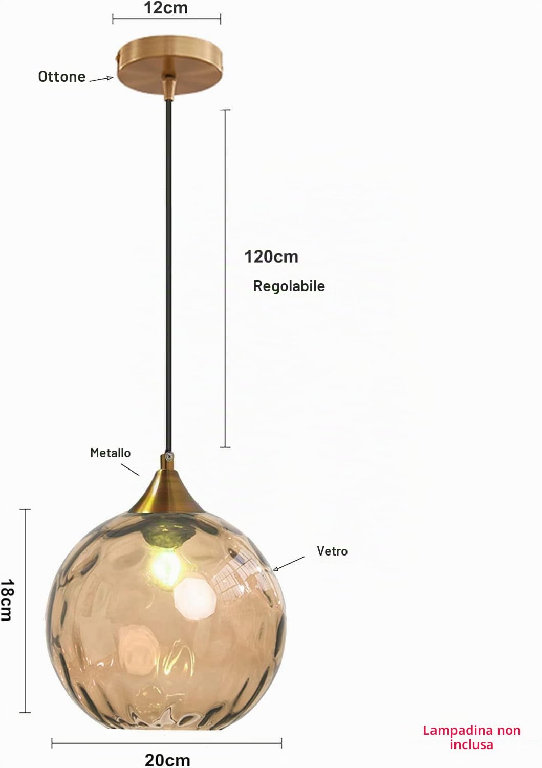 Lampadario a Sospensione a Sfera in Vetro Ondulato con Finitura Oro Lampada a Sospensione a Soffitto Industriale Vintage E27 Per Sala da pranzo Cucina - Ambra