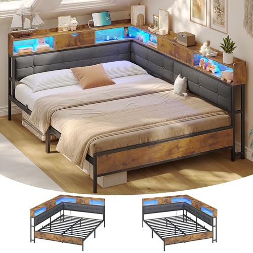 AOGLLATI Polsterbett Schlafsofa 140x200 mit 6 Staufächern Jugendbett 140x200 mit LED-Beleuchtung Tagesbett mit Steckdosen Gästebett Bettgestell mit...