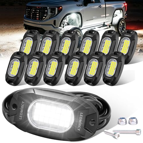 White Rock Lights LEDMIRCY R6 Pure White LED Rock Lights 12PCS for Trucks UTV Off Road ATV SUV Luces para Carro with 24 Ultra Bright LED Chips High Power Under Glow Neon Light Waterproof Shockproof