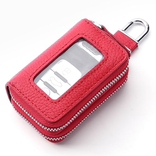 Car Key Case, Double Sides Pocket Zipper Remote Fob Keychain Holder Pouch for Men Women, Genuine Leather with Visible Window & Metal Hook & Keyrings (Red w/Window)