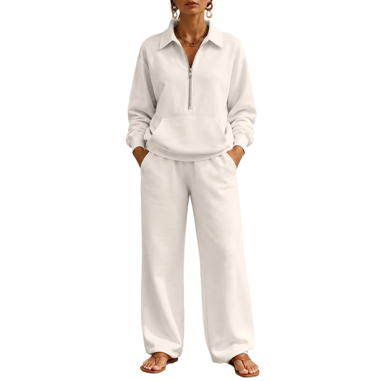 Tuta da donna, set completo con felpa a mezza zip, pantaloni da jogging a gamba larga, 2 pezzi, in pile sottile, caldo, con colletto con risvolto, set casual allentato per palestra, allenamento