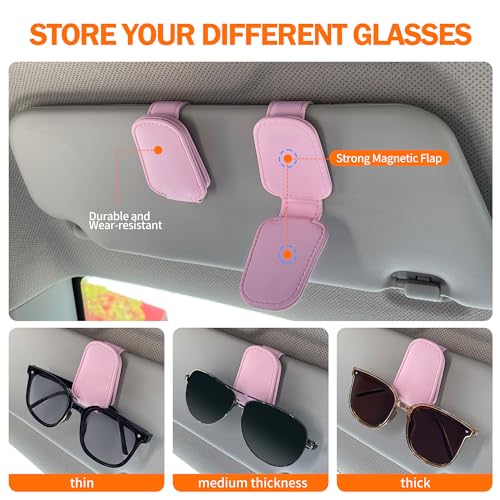 Image of KIWEN 2 Packs Sunglasses Holders for Car Visor, Magnetic Leather Glasses Eyeglass Clip for Car, Ticket Card Clip Sunglasses Mount, Car Visor Accessories Gadgets (2, Pink)