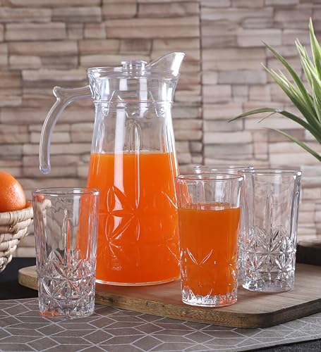 Image of bellemax Italian Premium Water and Juice Glasses Set of 6 and Jug Set Combo,(6 Pieces Glasses 350ML and 1 Water Juice Jug 1.6 Liter), Transparent, Glass and Jug Set (Traditional)