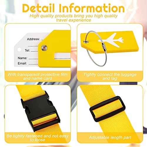Image of Weewooday 8 Pcs Luggage Straps Suitcase Tags Set for TSA Approved, 4 Travel Adjustable Suitcase Belt, 4 Silicone Luggage Tags with Name ID Card Travel Accessories(Yellow,Airplane)
