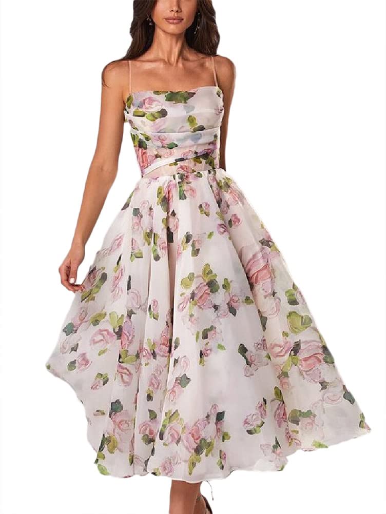 ORANDESIGNE Vestido de Flores Vintage para Mujeres Vestido de Espagueti sin Mangas de Fiesta Rockabilly Vestido Midi de Cóctel Columpio Boda Bola