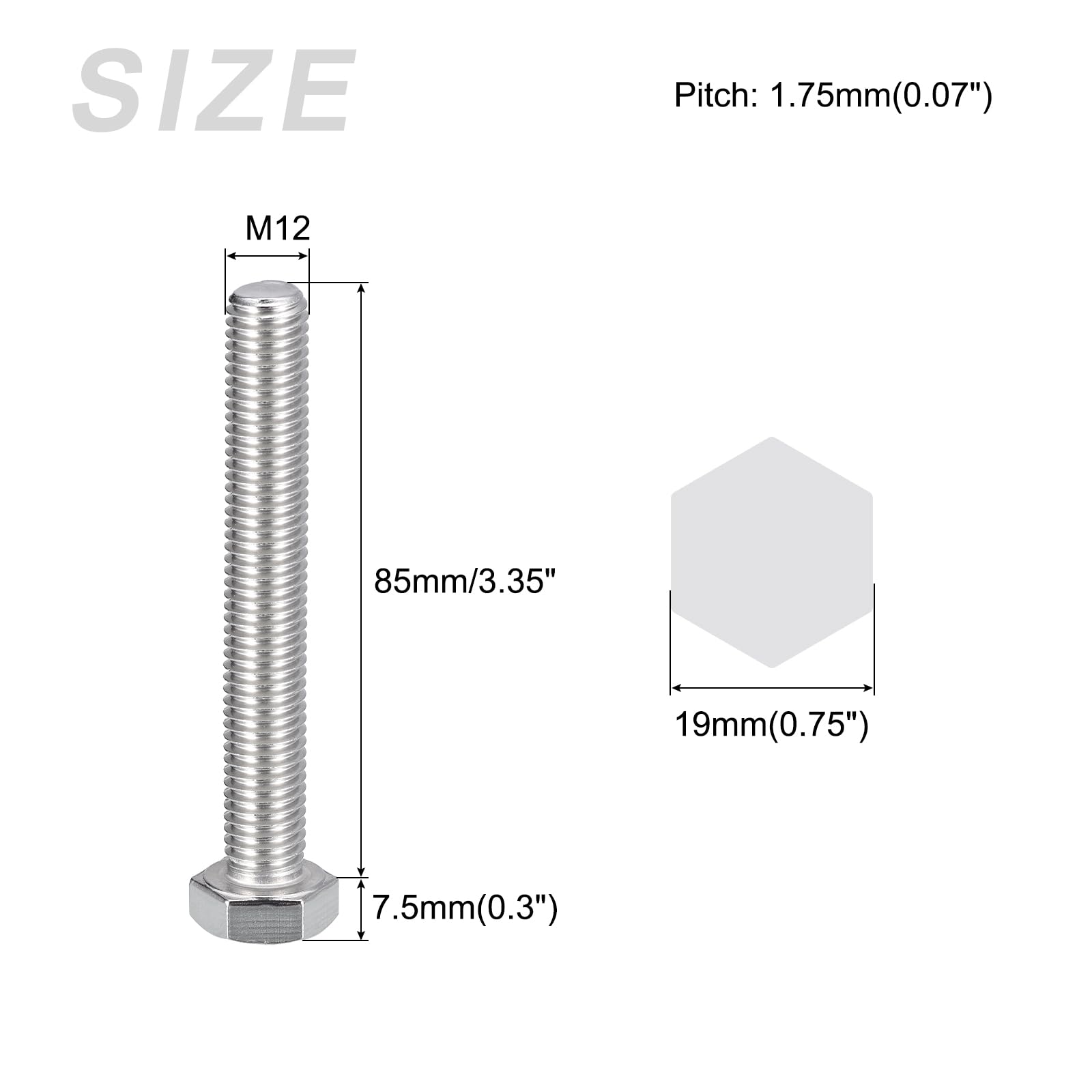 METALLIXITY Hex Bolts (M12-1.75x85mm) 4Pcs, 304 Stainless Steel Coarse Fully Threaded Hex Head Screw Bolt Machine Screws - Image 2