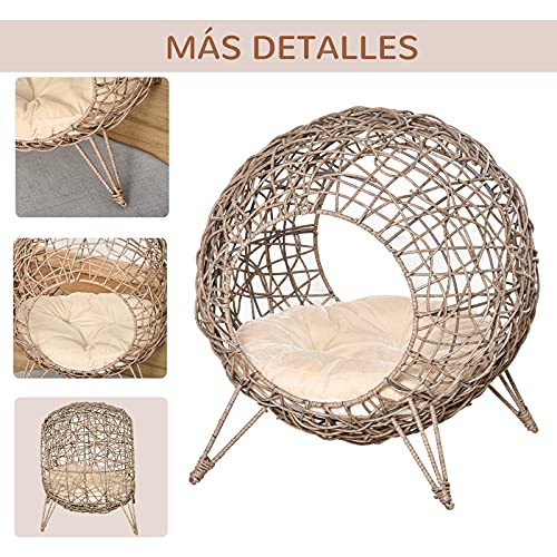 Pawhut-Cama-Cueva-para-Gatos-de-Ratan-Cesta-para-Mascotas-Pequenas-con-Base-Tripode-Cojin-Suave-2-Entradas-Diseno-Elevado-O50x56-cm-Cueva-Marron-y-Cojin-Beige Incluye tres patas en forma de trípode