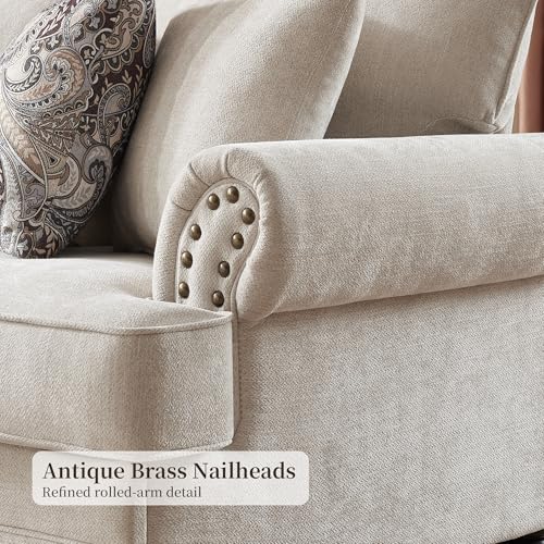 Image of Modern Farmhouse Loveseat Sofa, Chenille Upholstery with Nailhead Trim, Small Couch for Living Room, Bedroom, Office, or Apartment, Includes 4 Accent Pillows