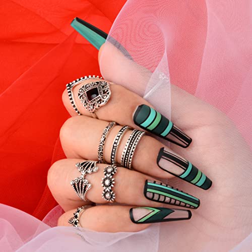 editTime 24PCS Solid Colors Stiletto False Nails Extra Long Acrylic Gradient Color Glossy Coffin Ballerina Press on Nails French Fake Nails Tips(Green ohemian Plaid)