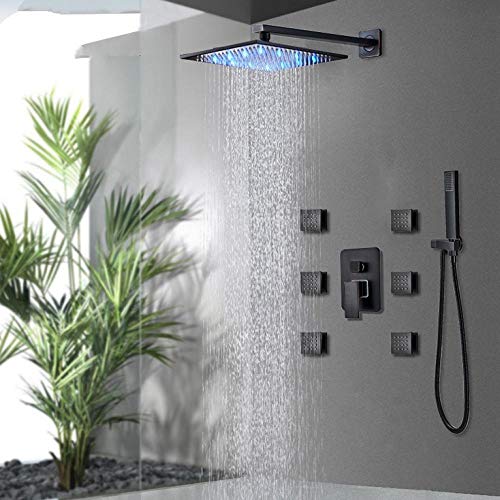 LED Shower Faucet Set Black LED Rainfall Shower Head 6pcs Massage SPA Jets 3-Way Hot Cold Mixer Tap Bath Shower System-16inch Set