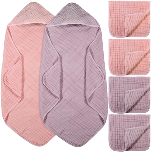 Image of VitalCozy 6 Pcs Baby Muslin Hooded Bath Towels and Washcloths Muslin Cotton Hooded Baby Towels Absorbent Blankets for Gift Newborn Infant Shower (32 x 32 Inch,Pink,Rose)