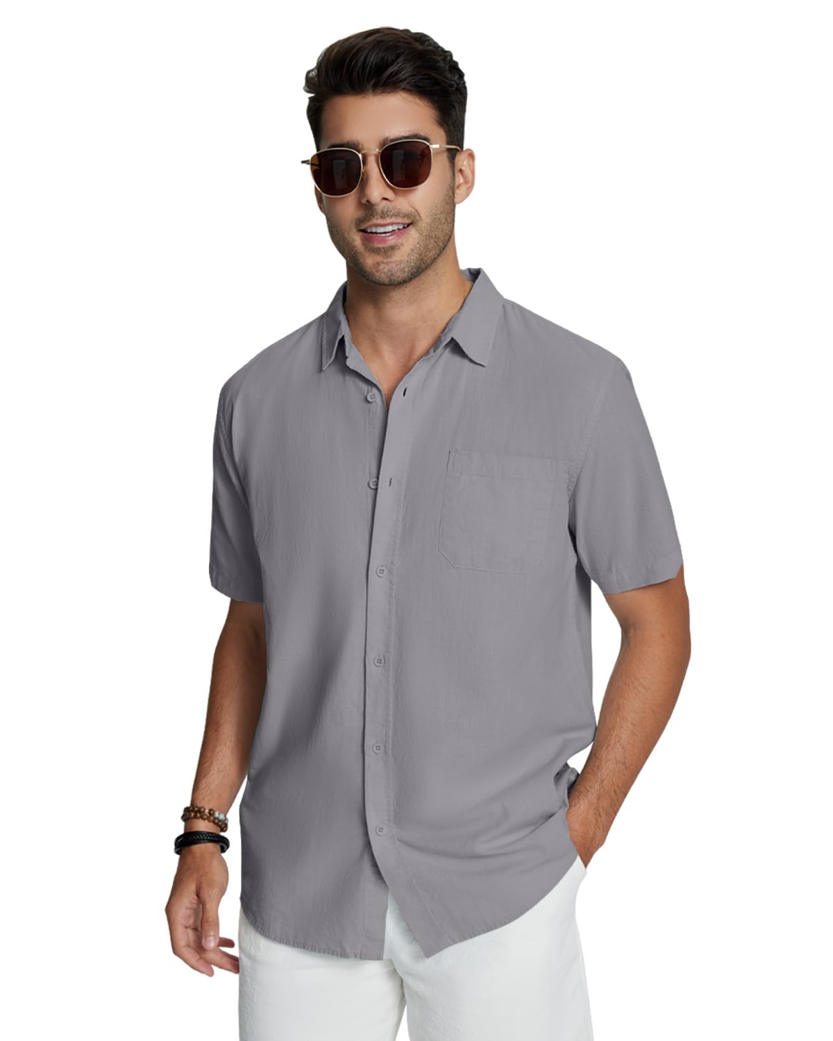 Friptspyg Uomo Camicia Lino Cotone a Maniche Corte vestibilità Regolare Casual Camicie Estive con Tasca