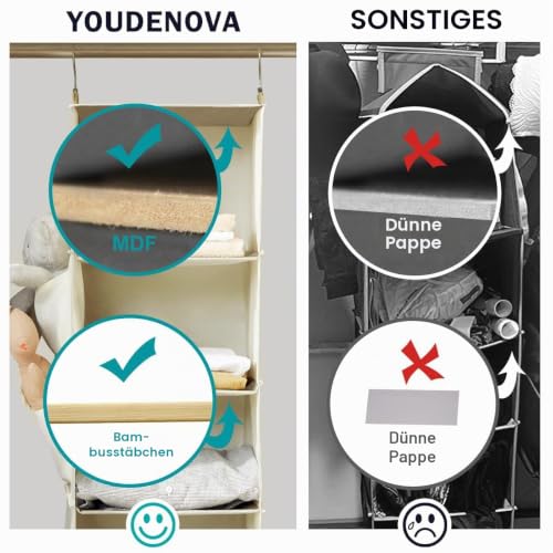 YOUDENOVA Hängeregal Stabiler Kleiderschrank Organizer Hängeaufbewahrung Schrankorganizer Hängeorganizer mit Bambus-Stöcke und MDF-Platten… – Ansicht 2