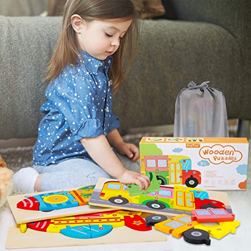 Wooden Puzzles for Toddlers 2 3 4 Year Old Montessori Toys for Ages 2-4 Boys Girls Toddler Educational Developmental Toys Numbers Colors Shapes Preschool Learning Toys Vehicle Puzzle Birthday Gifts
