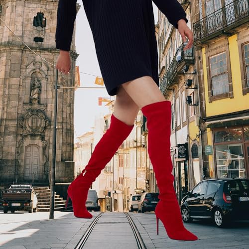 Image of GENSHUO Women's Over the Knee Boots Stiletto Pointed Toe Thigh High Heel | Stretchy Thigh High Long Boots with Side Zipper, Sexy Slim Fit Tall Heeled Boot for Club Party Evening Dress Wear