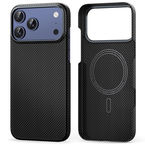 Lanhiem Hülle für iPhone 17 Pro Handyhülle aus 600D Aramidfaser Kompatibel mit Magsafe [Ultra Dünne] Magnetische Schutzhülle für iPhone 17 Pro Hüllenlosem Gefühl Angenehmem Griff Schwarz/Grau