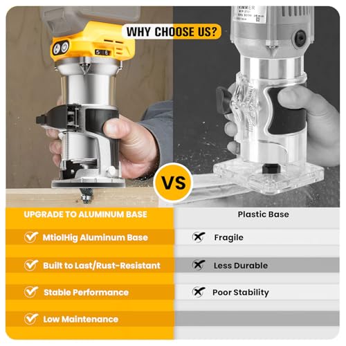 Cordless Compact Router Compatible with DeWalt 20V Battery (Bare Tool), 6 Variable Speeds Router Tool for Woodworking, 800W Fixed Base Wood Router