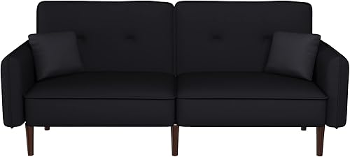 Miniatura 5 de Sofá biplaza tipo futón, sofá cama convertible con bolsa para revistas, patas de madera maciza en tela negra para sala de estar, dormitorio,
