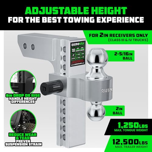 Image of Rhino USA Adjustable Trailer Hitch (Fits 2-Inch Receiver)-Heavy Duty Aluminum Tow Hitches with 10-Inch Drop /Rise for Truck (12,500 LBS GTW) - Weatherproof Double Anti-Theft Locking Hitch Pins (Silver)
