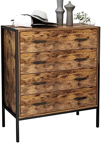 YISUYA Industrial Style 4 Drawer Dresser, Brown Wood Storage Dresser, Lockers, Chest of Drawers, Nightstand, Sturdy Steel Frame, Can Be Placed in The Living Room, Bedroom, Dining Room, and Office