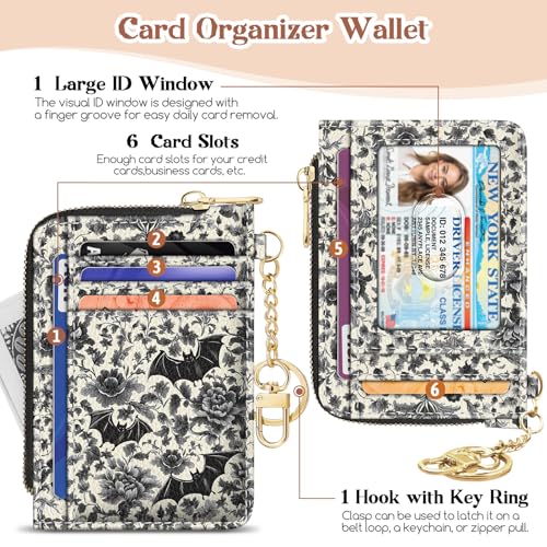 GIANCOMICS Slim Wallet Credit Card Holder Women, Goth Bat Rfid Blocking Small Card Case, Keychain Thin Pocket Curved Zipper Wallet, Travel Card Holder PU Leather ID Window, Ladies Female Gifts4