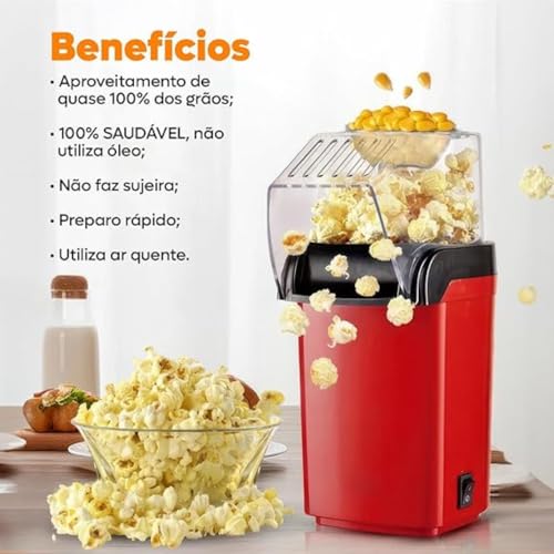Pipoqueira Elétrica Vermelha Sem Óleo Saudável 110V 1200W Ar Quente Totalmente Automática Premium