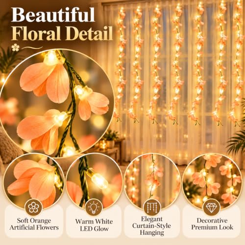 Image of One94Store Peach Artificial Flower Curtain LED String Lights - 200 LED Warm White Fairy Lights, 8 Modes, AC Plug, Orange Flower Lights for Diwali, Balcony, Bedroom, Wedding & Home Decor (10x3 Ft)