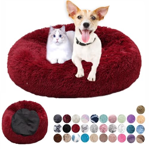 Ryanbem Hundebett Rund Plüsch Hundekissen Weich Warm Hundebetten Anti-Angst, Hundehütte Flauschig Kissen Hundebett Waschbar für Kleine, Mittelgroße, Große Hunde Rot 40cm