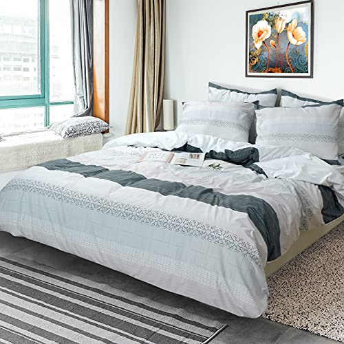 Stripe Print Duvet Cover Queen Size Set, 100% Washed Microfiber Comforter Cover Set, Ultra Soft Bedding 3 Piece Set with Zipper Closure, 1 Bedding Duvet Cover & 2 Pillow Shams (Grey)