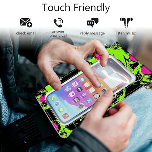 Small Crossbody Bag Cell Phone Purse for Women Men, Neon Green Skull Touch Screen Phone Bag PU Leather Mini Adjustable Strap Bag Double Pockets Wallet Case for All Smartphones3