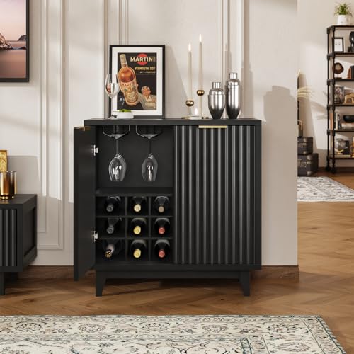 Fluted Coffee Bar Cabinet with Storage and Wine Rack