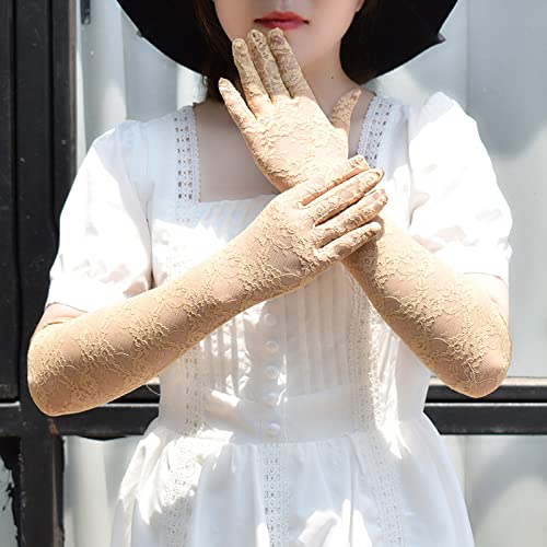 AWOCAN Women's Lace Elegant Long Gloves Courtesy Summer Gloves for Wedding Party and Tea Party 1920s Vintage Costumes (beige) - Image 2