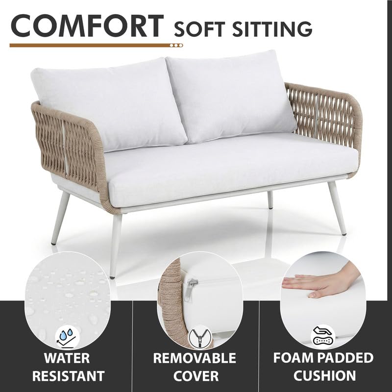 Image of BRISHI Outdoor Sofa Set || Balcony Sofa || Patio Furniture Sets | Conversation Sets | Braid & Rope Garden Seater Sofa Set and Center Table (4 Seater Beige-White)