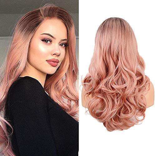 Ombre parrucche lunghe ricci per le donne naturale ondulato sintetico parte centrale parrucca di calore legato a mano 22 pollici(rosa)