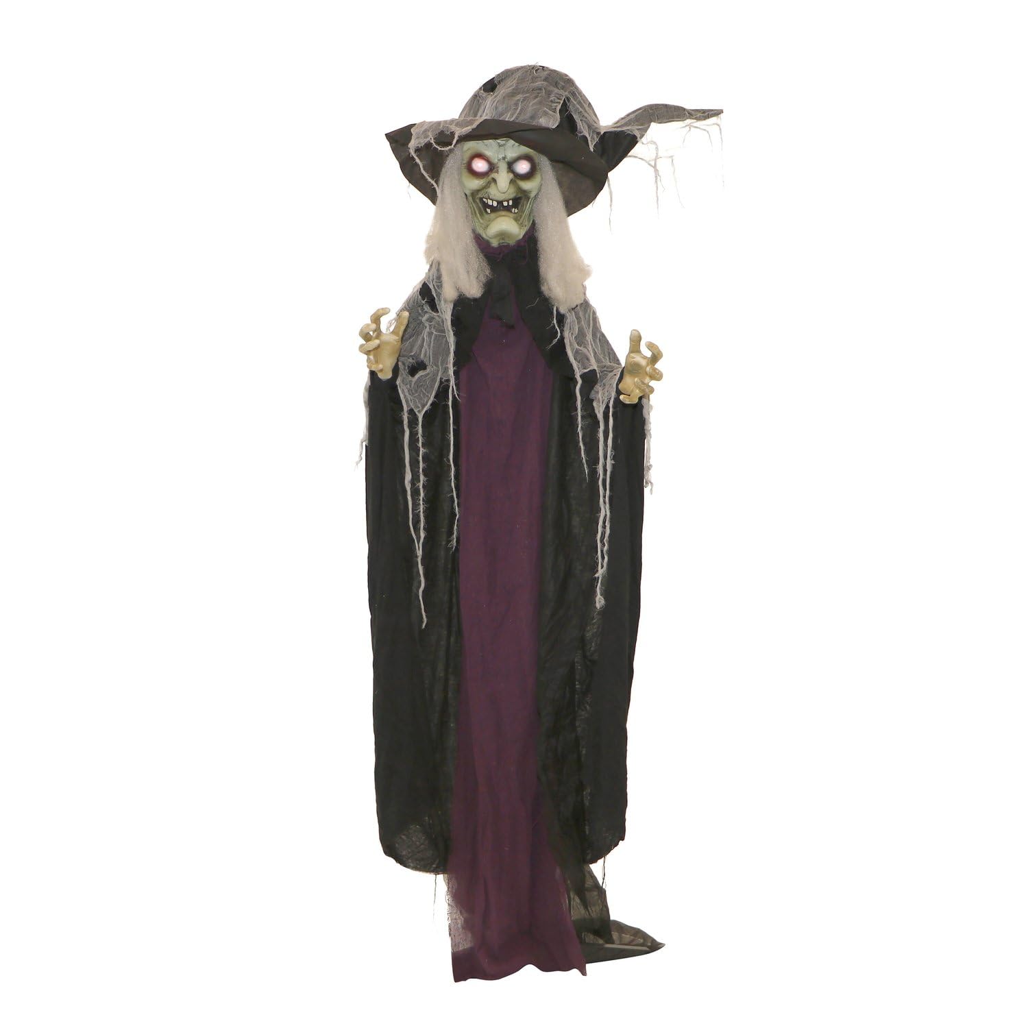 Haunted Hill Farm Life-Size Poseable Scary Talking Witch, Halloween Animatronic with Touch Activated Lights and Sound, Battery Operated Indoor or Covered Outdoor Halloween Decorations, Fright Props