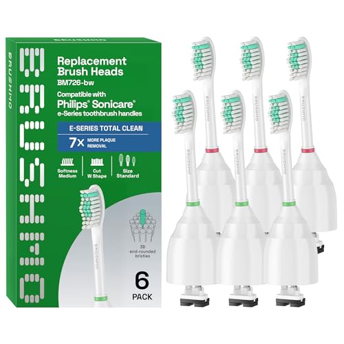 Brushmo e-Series Total Clean Replacement Toothbrush Heads, Compatible with Philips Sonicare Screw-on Electric Toothbrush Handles, 6 Standard Heads, Medium Firm Dupont Bristles, BM726-bw, White by Brushmo - Used condition - US$15.70