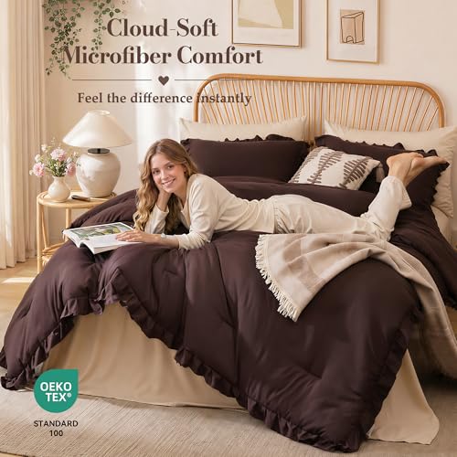 Image of JANZAA Brown Comforter Set Full - Soft Microfiber, Lightweight All Season Bedding, Ruffle Shabby Chic Aesthetic, Breathable Cozy Bed Set with 2 Pillow Shams, Machine Washable