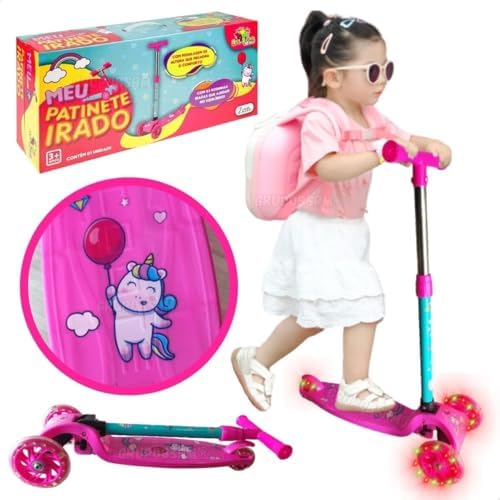 Patinete 3 Rodas Infantil Unicórnio Rosa Luzes Freio Dobrável Sup...