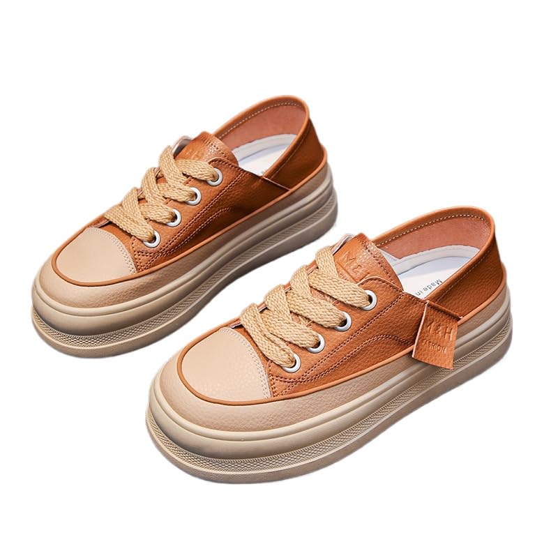 Women's Simple Platform Sneakers, Casual lace-up Outdoor Shoes, Comfortable Low-top Leather Shoes - Main Image