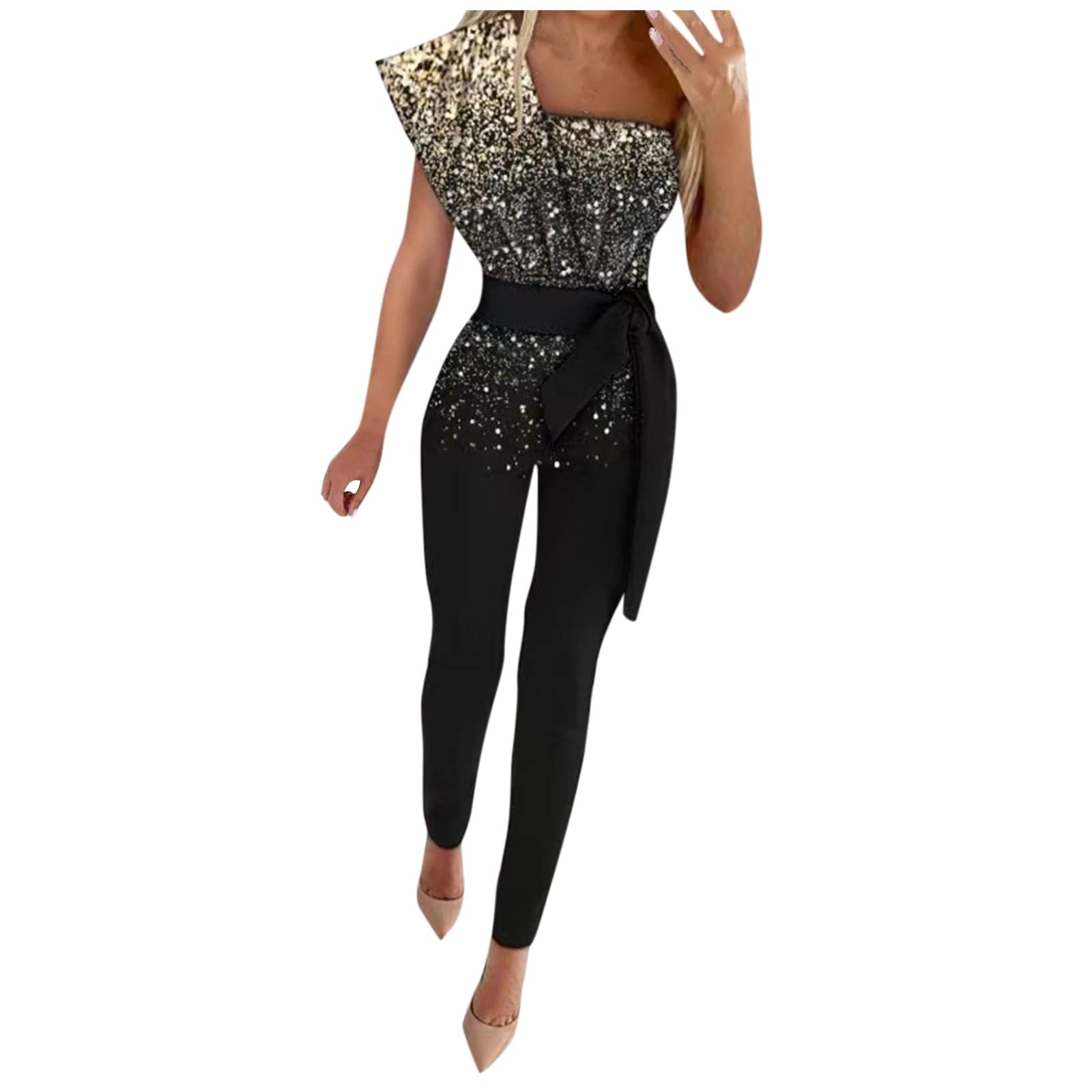 Générique Tailleur Femme pour Mariage Combinaison pour Soirée Chic Tailleur Mariage Elegant Une Épaule Dos Nu Ensemble Large Jambe Longue Pantalon Et Haut Fluide Barboteuse avec Ceinture