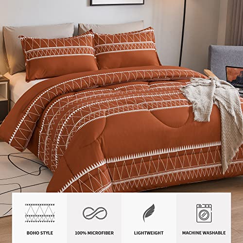 Andency Terracotta King Size Comforter Set, 3 Pieces Bedding Comforter Sets (1 Boho Geometric Striped Comforter & 2 Pillowcases), Burnt Orange Lightweight Microfiber Down Alternative Comforter Bed Set #TOP1