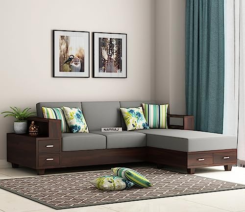 NATRAJ ART & CRAFT Solid Sheesham Wood L Shape 5 Seater Sofa Set for Living Room | Wooden 5 Seater L Shape Sofa Set with Cushions | (Sheesham Wood, Walnut Finish)