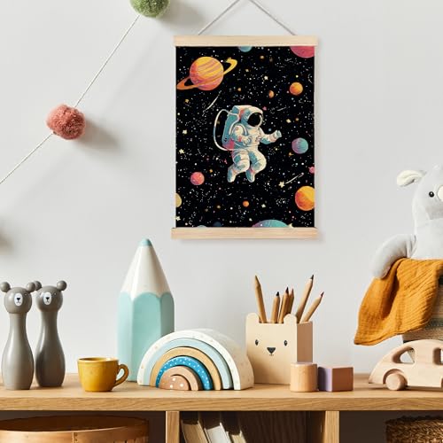 Image of PQKIY Space Astronaut Nursery Kids Wall Art Poster Hanger Frame 12x16 in, Fantasy Outer Space Galaxy Planet Wall Decor Canvas Prints for Home Boys Room Bedroom Nursery