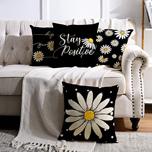 Anydesign Black Daisy Throw Pillow Covers 18 X 18 Inch Spring Summer Saying Cushion Case Floral Decorative Pillow Case Cushion Cover For Farmhouse Home Office Sofa Car, Set Of 4 #TOP5