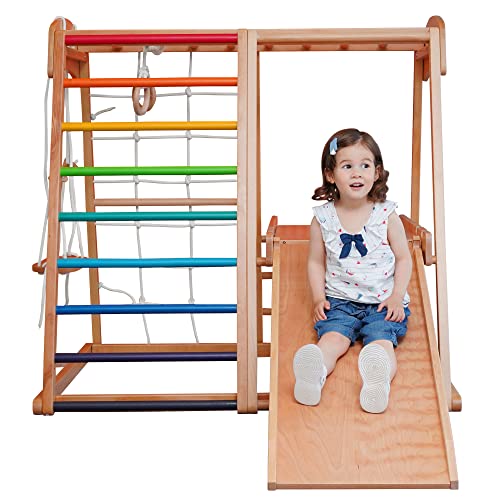 Image of DMIDYLL Indoor Wooden Toddler Playground Jungle Gym, Climbers 8-in-1 Playset for Kid, Slide, Climbing Wall, Rope Climbing Wall, Montessori, Monkey Bars, Swing, Gymnastic Rings, Drawing Board, Rainbow