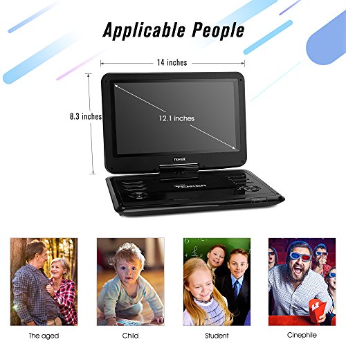 TENKER 14.4 “ Portable DVD Player with 12.1" Swivel Screen, Rechargeable Battery with SD Card Slot and USB Port,1.8M Car Charger and Power Adaptor - Thumbnail 2